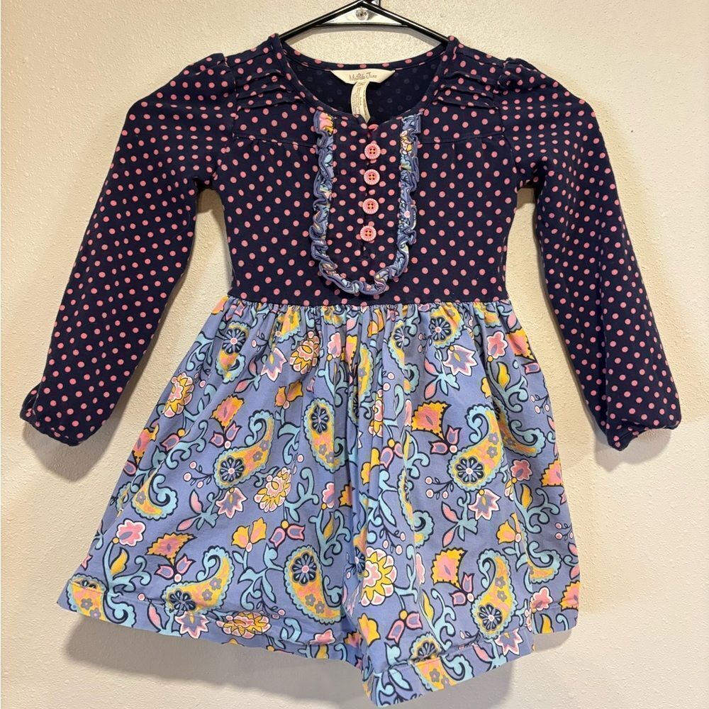 Matilda Jane To The Market dress in navy blue with pink polka dots